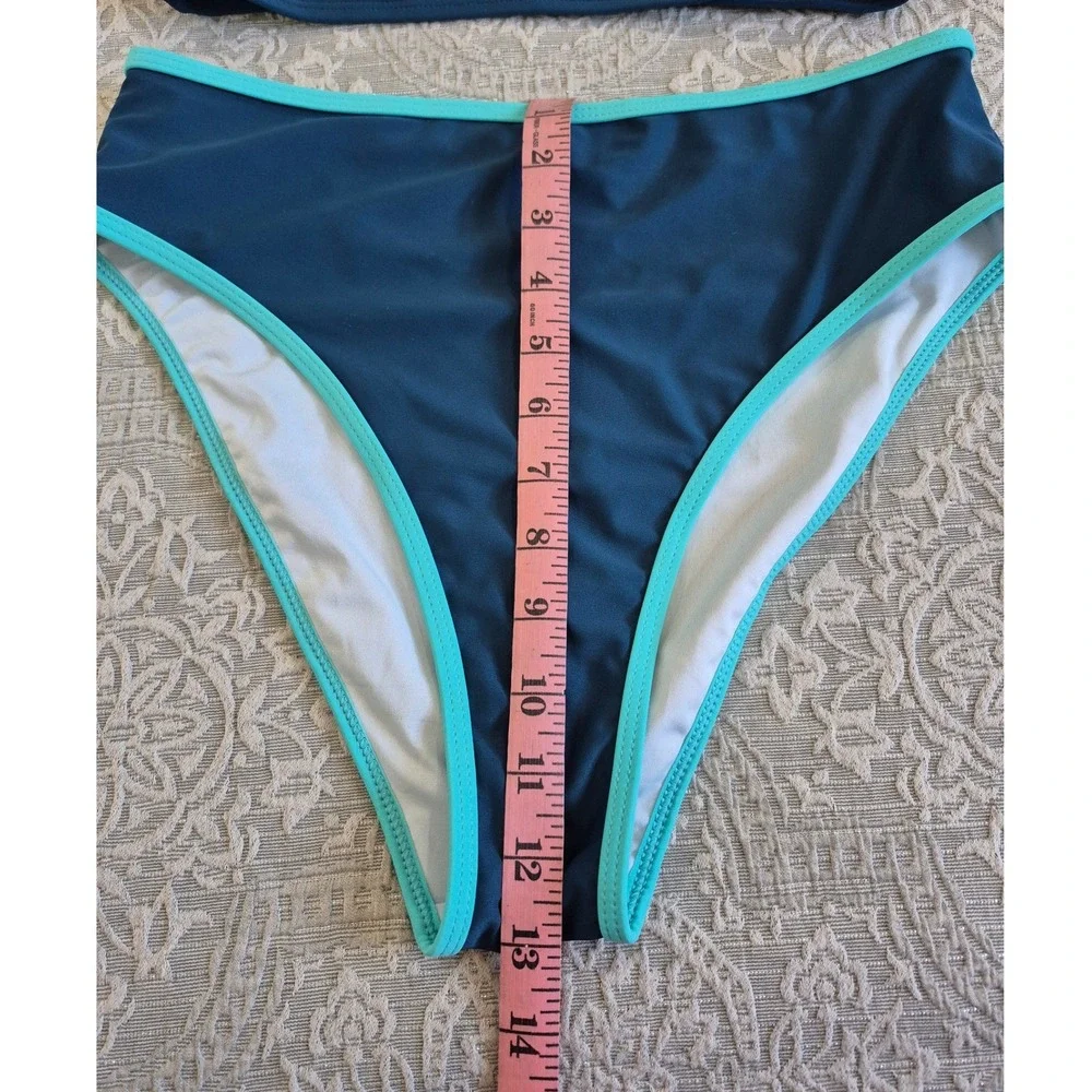 Teal High Neck High Waisted Bikini Set‎ Two Piece Swimsuit Teal Turquoise Size M